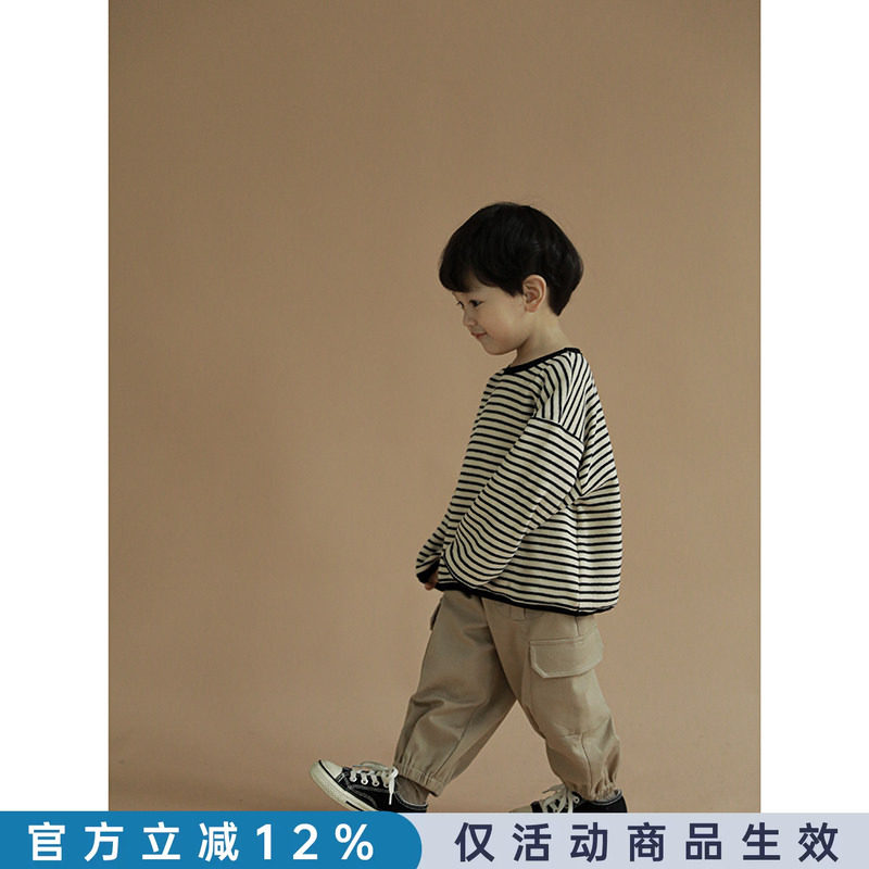 幼悠 儿童长袖T恤春秋新款上衣洋气条纹圆领打底衫男宝宝宽松T恤