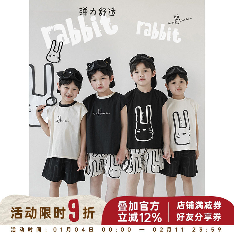 幼悠 兔兔刺绣印花撞色圆领无袖T恤夏季新款男童清凉短袖短裤套装,童装/婴儿装/亲子装,T恤,淘宝优惠券,粉丝福利购,淘宝优惠卷