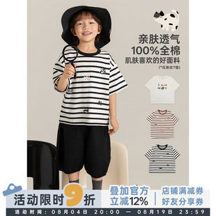 幼悠男童猫咪T恤夏季柔软透气10A抗菌护盾清爽百搭宽松短袖上衣潮