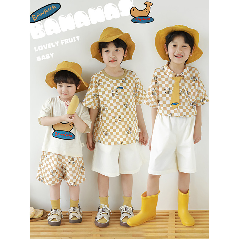 幼悠男童夏季新款短袖t恤小翻领衬衫宽松休闲短裤棋盘格香蕉套装,童装/婴儿装/亲子装,套装,淘宝优惠券,粉丝福利购,淘宝优惠卷