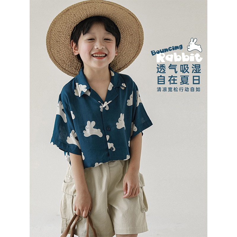 幼悠男童小兔数码印花衬衫翻折古巴领衬衣儿童绣标短裤两件套夏装怎么看?