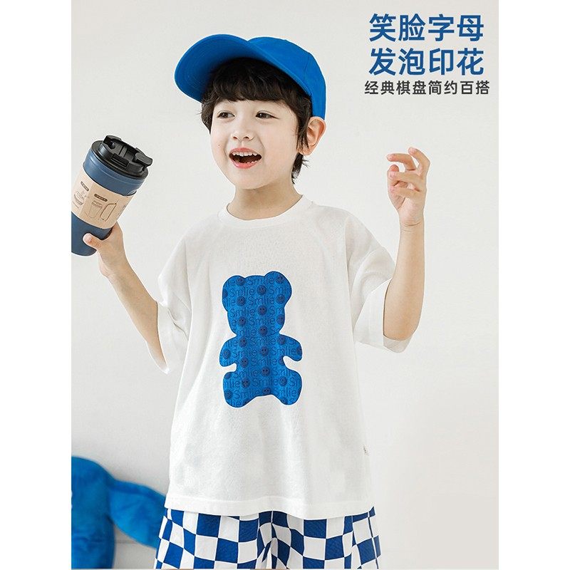 幼悠 夏季男童小熊发泡印花休闲T恤薄款儿童宽松棋盘格短裤两件套,童装/婴儿装/亲子装,T恤,淘宝优惠券,粉丝福利购,淘宝优惠卷