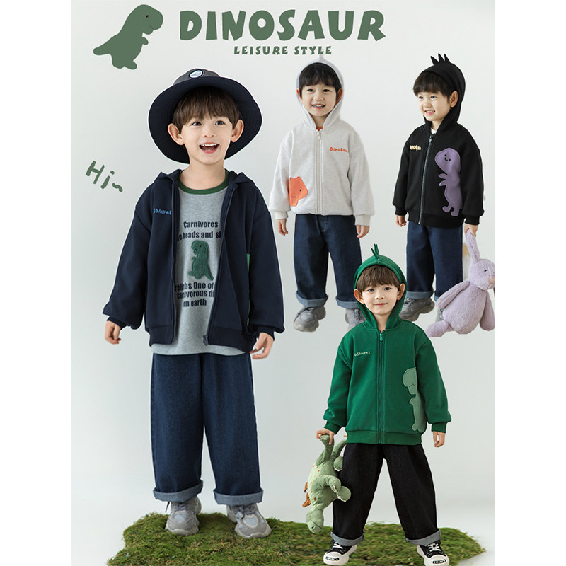 幼悠男童2026新款长袖防风连帽恐龙外套春秋加绒宽松休闲儿童上衣