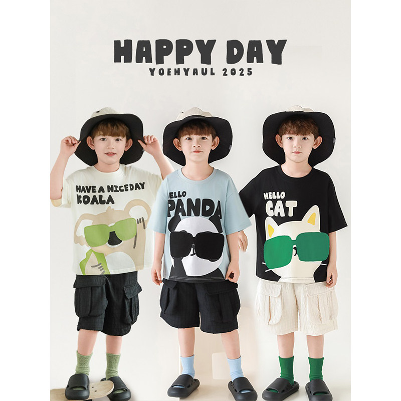 幼悠 男童2025夏季新款短袖圆领卡通动物T恤冰凉清爽宽松百搭上衣