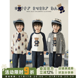 幼悠 男童春季新款长袖T恤轻薄衬衫直筒宽松牛仔裤可爱熊熊套装潮