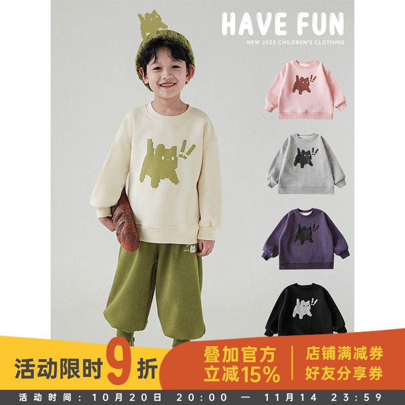 幼悠男童猫咪印花加绒加厚圆领卫衣儿童冬季新款休闲上衣防风冬装