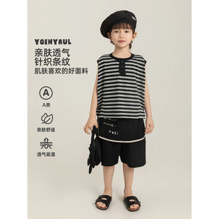 幼悠男童韩系潮酷套装夏季儿童黑白条纹背心假两件清凉屁帘短裤潮