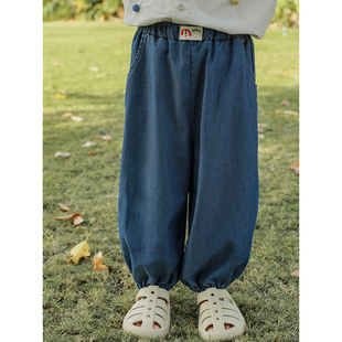 幼悠夏季男童牛仔裤砂洗裤子儿童腰饰烫画织带贴标柔软束脚长裤潮