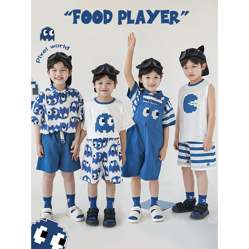 幼悠 男童像素数码印花撞色条纹时尚Polo翻领短袖T恤夏季短裤套装怎么看?