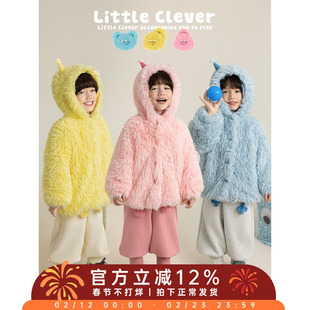 幼悠男童2025冬季新款加绒加厚卡通毛绒外套连帽保暖可爱男孩冬装