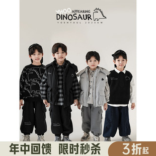 幼悠冬季男童恐龙印花加厚连帽棉马甲外穿新款儿童毛衣裤子套装潮