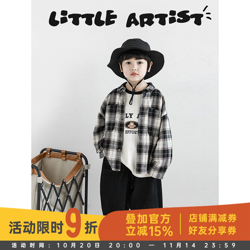 幼悠儿童棋盘格斜边口袋文艺翻领外套男童帅气衬衫2025新款秋装潮