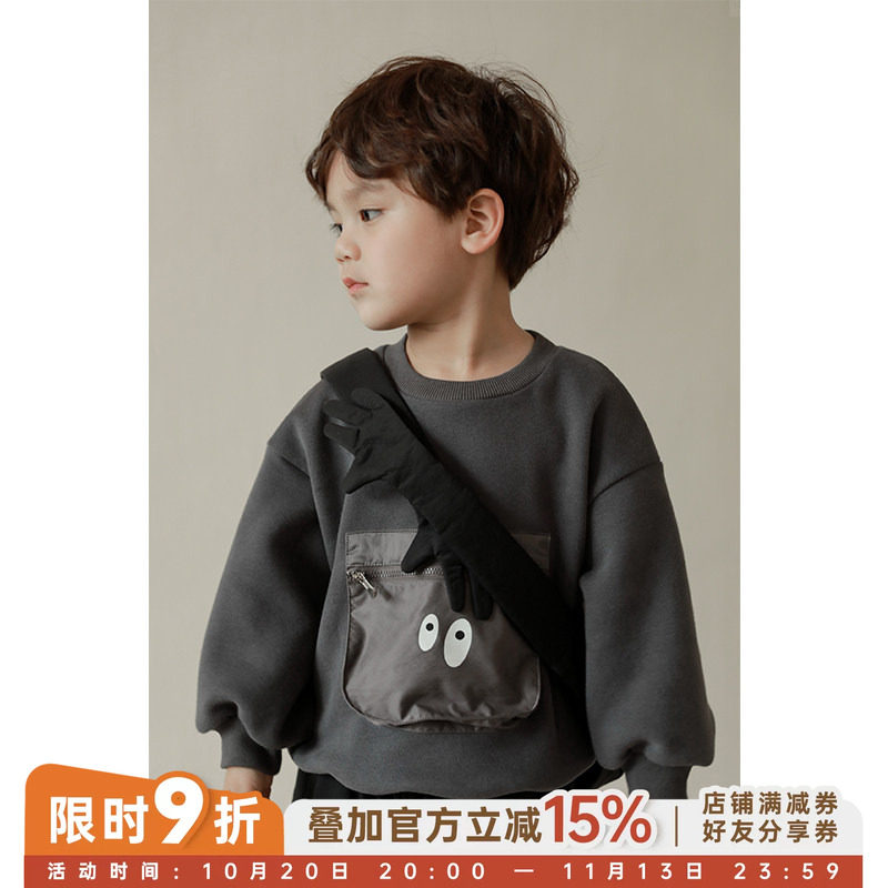 幼悠儿童加绒卫衣口袋洋气男童圆领套头衫冬款小男孩宝宝上衣保暖