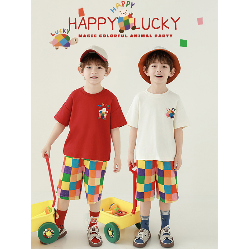 幼悠男童T恤2025夏季新款卡通圆领短袖上衣彩色格子短裤休闲套装