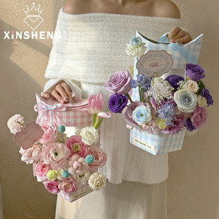 芯苼 原创小花格·手提盒花店鲜花花束手工diy精致格子花艺插花盒