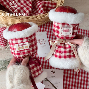 韩系格纹苹果花节日平安果手工diy精致包装 芯苼 布 圣诞节新品