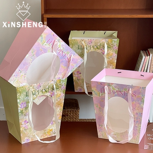 芯苼 原创馥郁油画橱窗袋花店精致鲜花束DIY高颜值插花手提袋材料