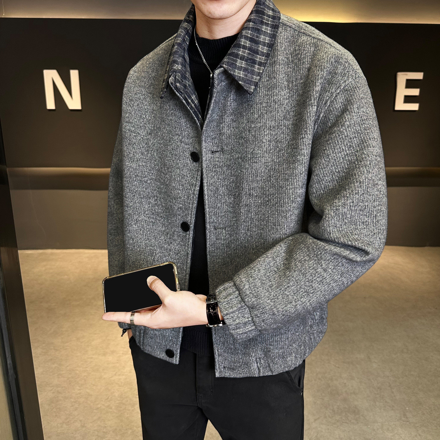 格纹翻领拼接外套男秋冬季2026新款高级感毛呢夹克痞帅宽松上衣服