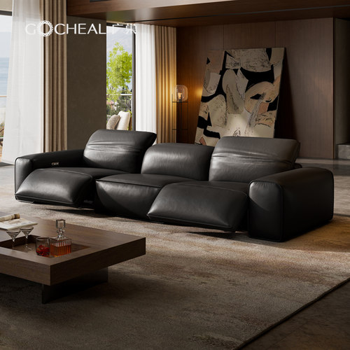 广巢头层牛皮大黑牛设计电动沙发