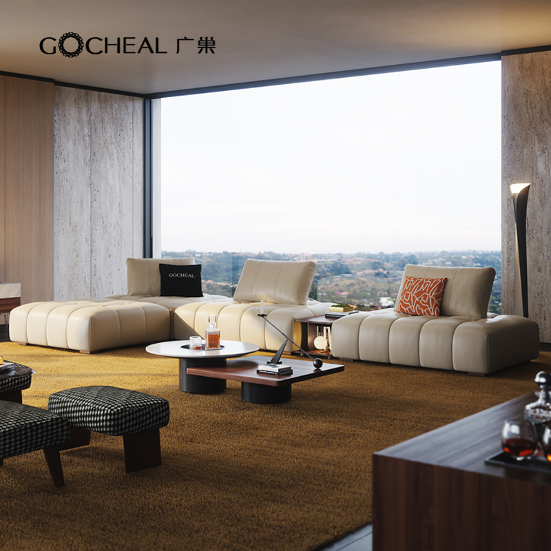 意式极简客厅直排大户型真皮沙发