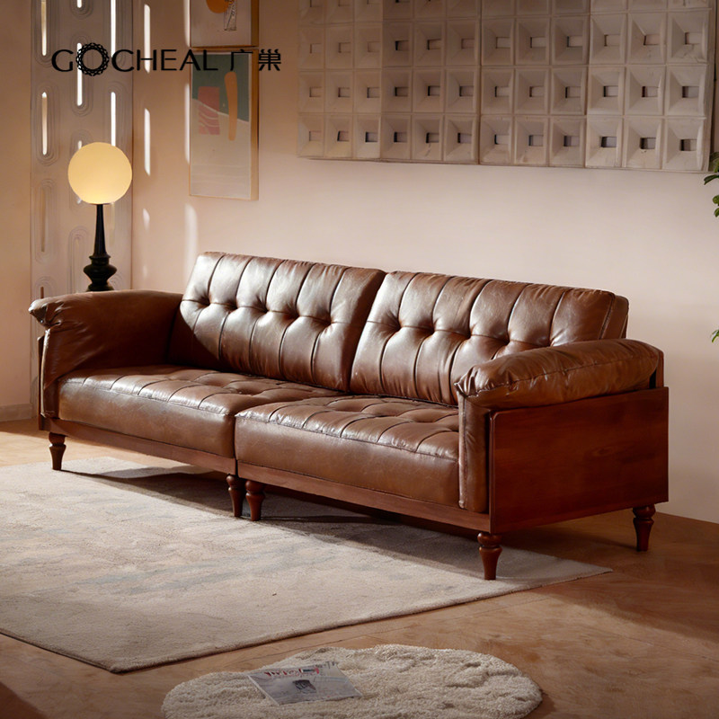 广巢维罗纳复古真皮沙发客厅小户型直排三人位中古风棕色皮艺沙发