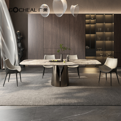 广巢 大理石餐桌轻奢极简设计感客厅不锈钢高端家用餐桌椅组合B
