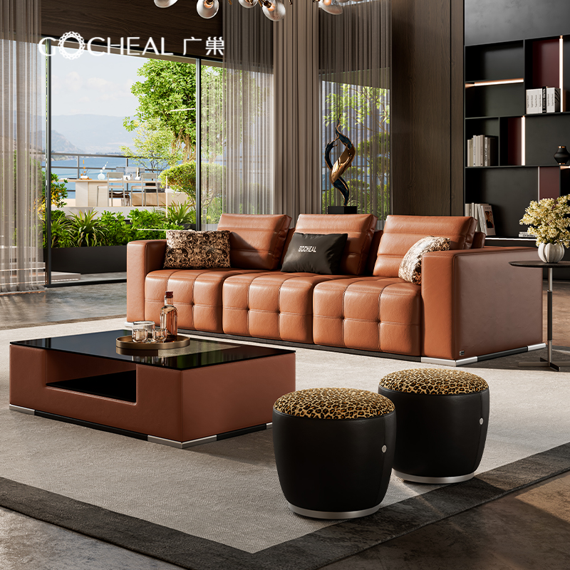 广巢意式轻奢头层牛皮皮艺沙发