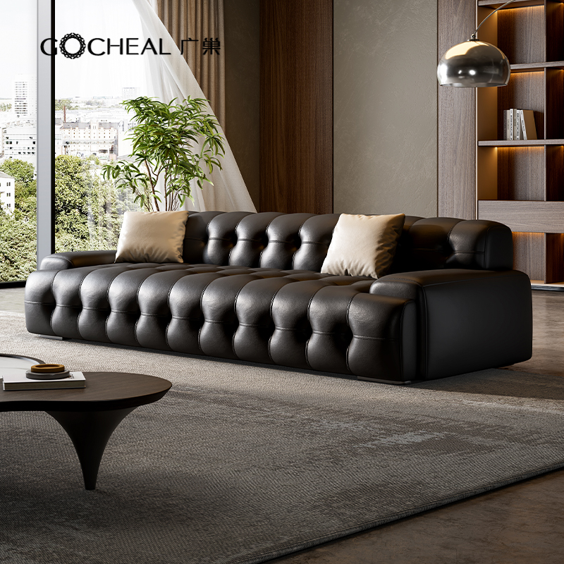 广巢意式极简头层牛皮拉扣沙发