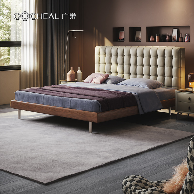 广巢香榭实木轻奢真皮床简约主卧双人床1.8米白蜡木软靠包皮艺床A
