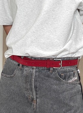 cleanfit中性简约百搭牛皮腰带复古反绒磨砂真皮牛仔裤红色皮带