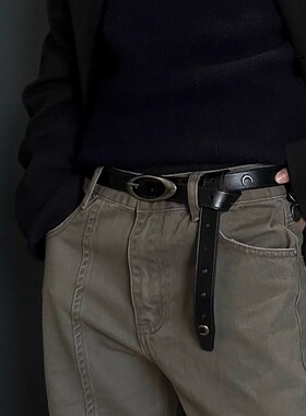 小众中性cleanfit简单做旧月亮金属牛皮皮带月牙复古朋克真皮腰带