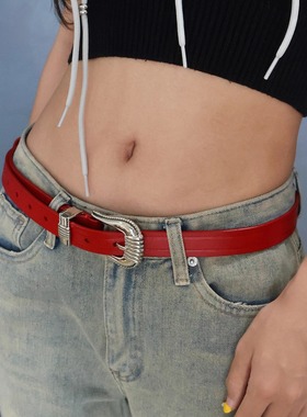 jennie金智妮同款红色真皮腰带复古辣妹百搭头层牛皮腰封酷帅腰带