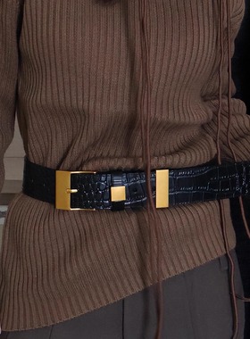 正确版F@x复古鳄鱼肌理纹牛皮宽腰带简约金属方格真皮男女皮带