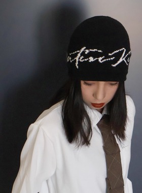 正确版韩国kim小众中性风针织秋冬冷帽个性LOGO显脸小男女堆堆帽