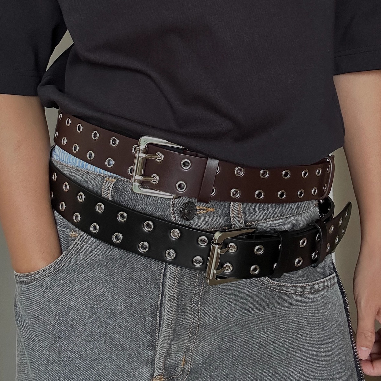 legacy25秋冬双排扣铆钉朋克牛皮腰带中性帅气亚比辣妹镂空真皮带