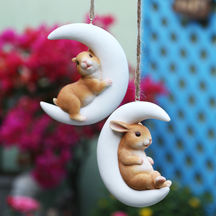 创意卡通动物树脂秋千兔子摆件 饰吊件 庭院小摆件树上装 花园杂货
