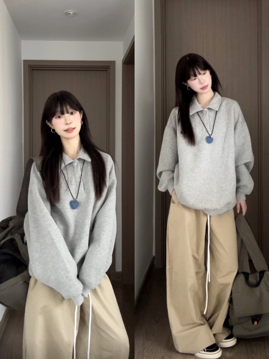 韩国少年感运动套装女秋季学生宽松时尚polo领卫衣长裤休闲两件套