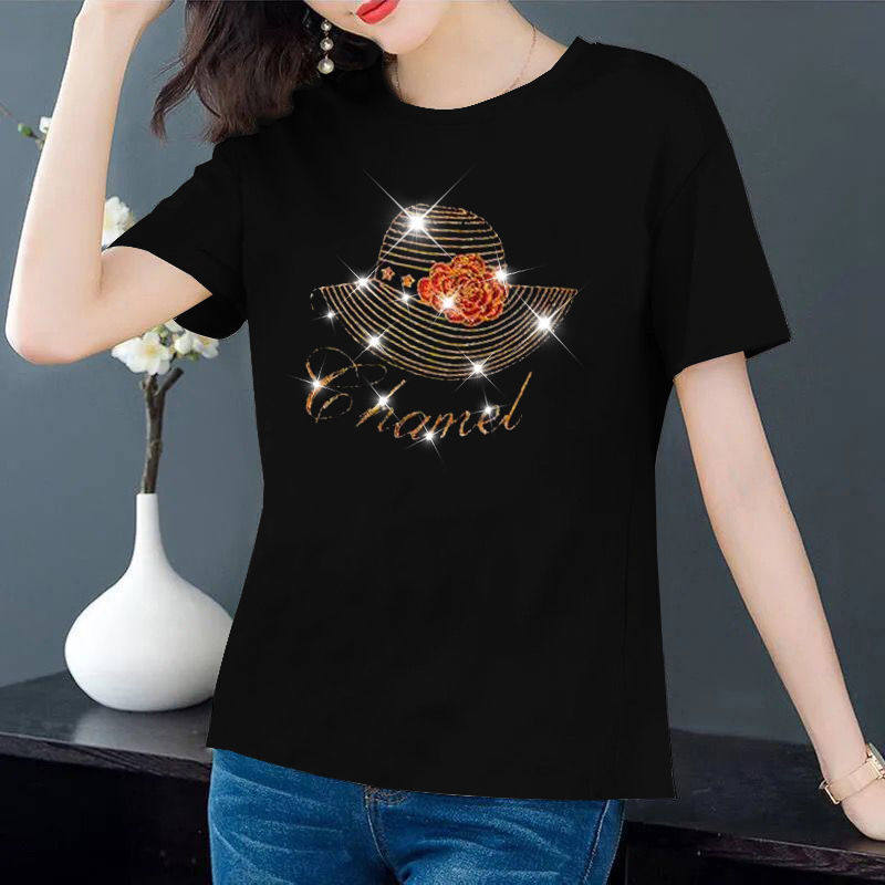 韩国夏季欧货黑色烫钻短袖t恤女休闲大码女装宽松女士打底衫上衣