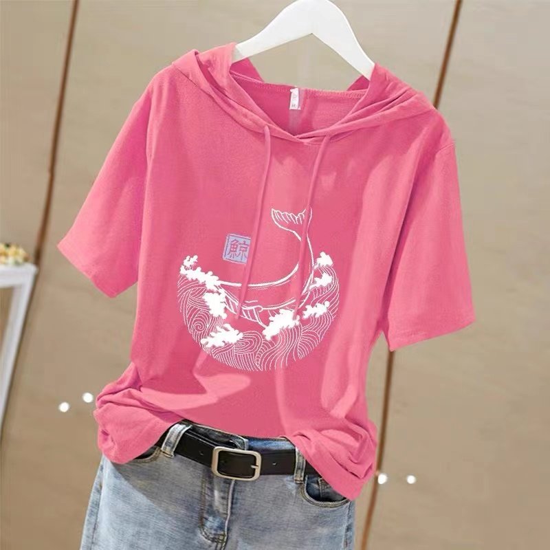 韩国短袖t恤女2022新款纯棉休闲显瘦显白洋气上衣夏季连帽套头T恤