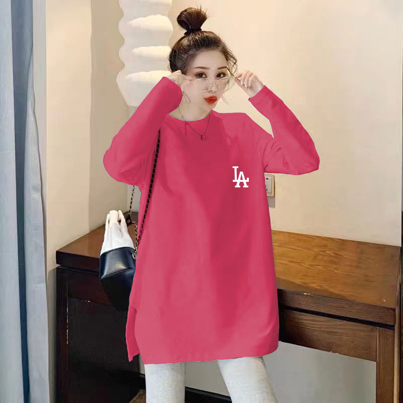 韩国纯棉长袖T恤女开叉2022春秋新款内搭打底衫中长款遮屁股上衣