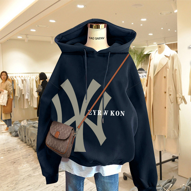 韩国加绒长袖卫衣2022秋冬新款女士连帽加厚宽松韩版字母中长款潮