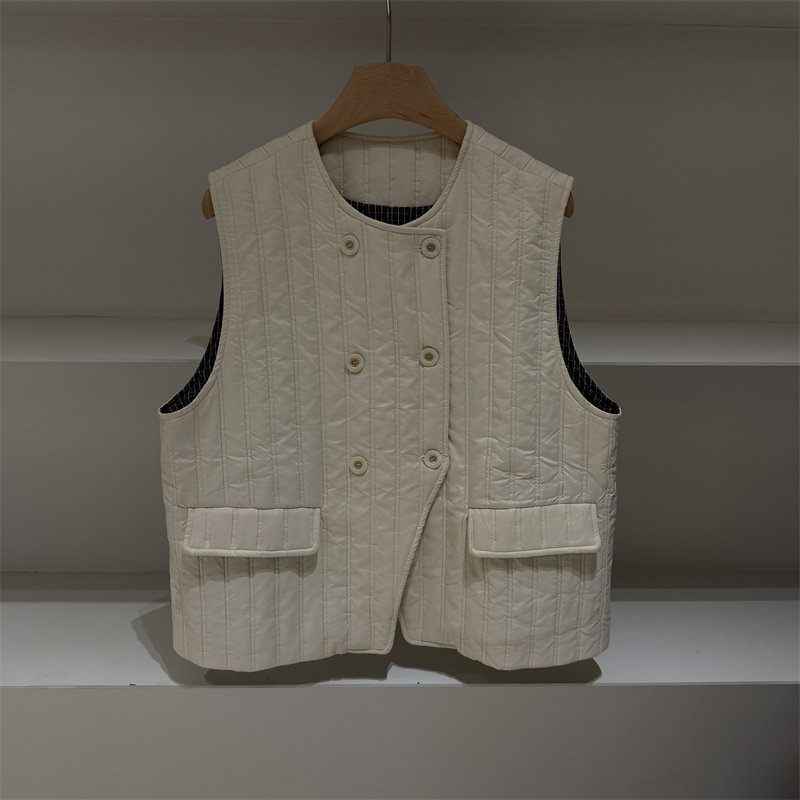 欧式复古无袖双排扣菱格纹棉服