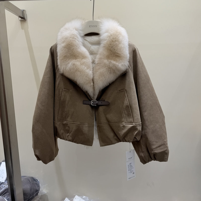 真狐狸毛领麂皮短羽绒外套女2026冬季新款保暖皮草派克服翻领夹克