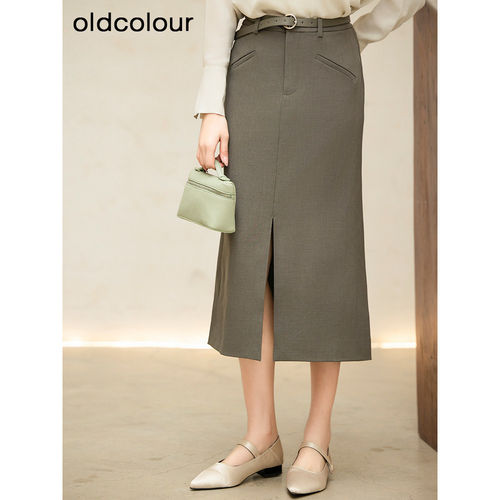 oldcolour欧珂商场同款纯色直筒开衩半身长裙女Q130606A1-659