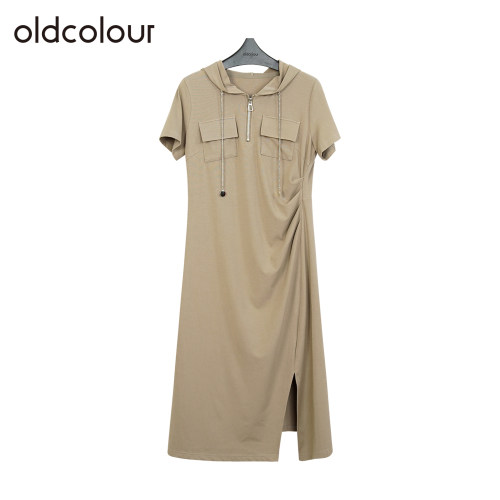 oldcolour欧珂夏简约时尚通勤纯色开衩连帽短袖连衣裙女Q281003A1