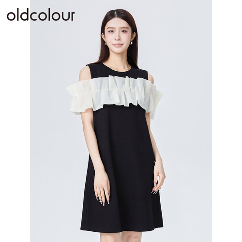 oldcolour欧珂夏季简约时尚通勤百搭撞色短袖连衣裙女S211002A1