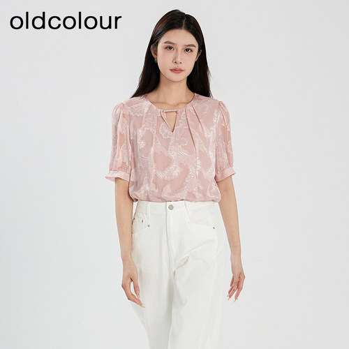 oldcolour夏季新中式印花肌理感宽松短袖套头衬衫女Q280110A1-399