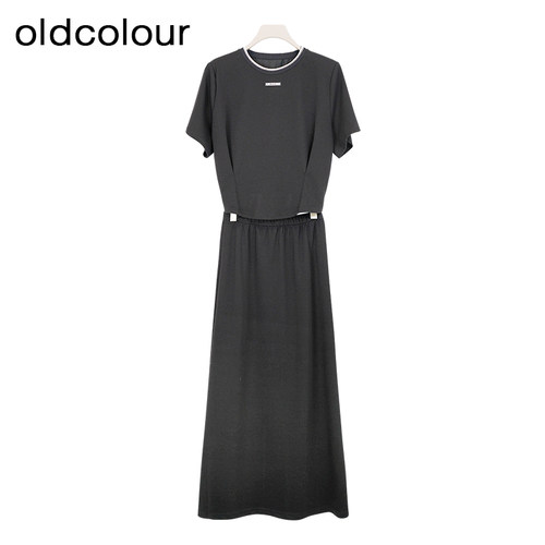 oldcolour夏黑色简约松紧腰气质半身裙休闲套装女BR281062A1
