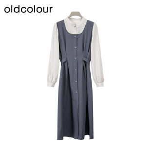 oldcolour春秋款森女系通勤高腰长袖衬衫连衣裙女BQ381003A1-699