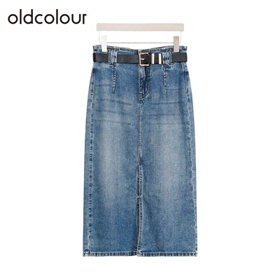 oldcolour欧珂夏季休闲通勤百搭直筒开衩水洗牛仔半裙女Q230605A1